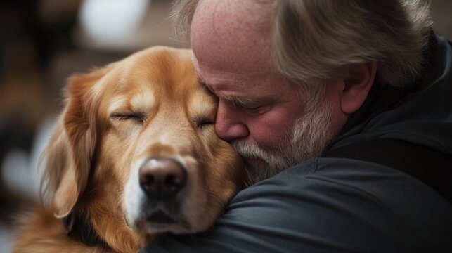 Affectionate embrace: Man and golden retriever share a tender moment of connection - Powered by Adobe