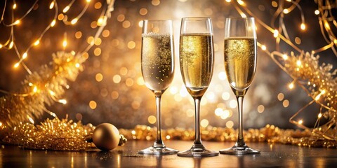 Elegant champagne glasses raised in a celebratory toast surrounded by golden decorations and a luxurious backdrop