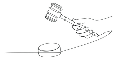 Gavel Continuous one Line Icon, Judge hammer one continuous one line art drawing, One continuous single line of judge hammer isolated, Judge's gavel continuous one line drawing.