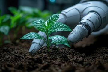 Robotic hand tending a young plant in soil