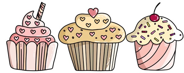 Illustration of cupcakes on white background. 