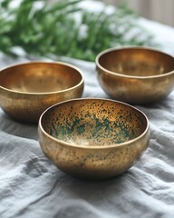 Three gold-toned bowls with green speckles on a light-gray cloth