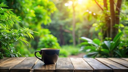 Cozy morning scene with a black coffee mug on a wooden table surrounded by lush greenery
