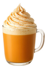 Glass mug of pumpkin spice latte topped with swirls of whipped cream and a dusting of cinnamon.