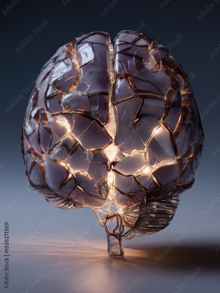 Poster surreal representation of a glass brain revealing shattered nerves illuminated from within