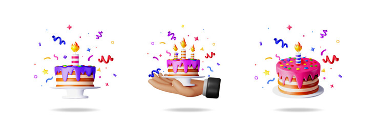 Set of birthday cake items with confetti for celebration. Sweet dessert with candle for party and event concept. For greeting card, banner, poster.