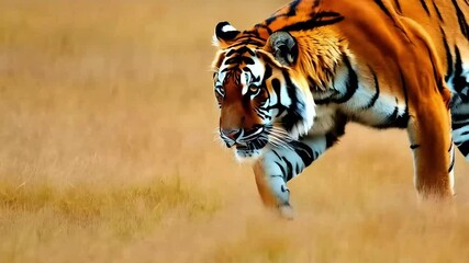 Bengal tiger walking through dry yellow grass in natural wildlife habitat