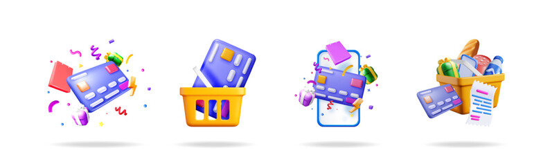 Group of 3D icons for online shopping. Web payment, order, discount, and sale concept. Collection of various vector objects for ui.