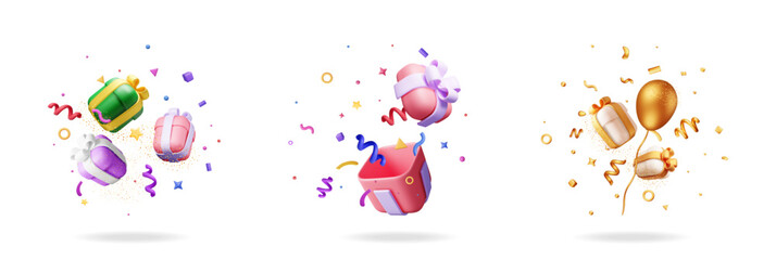 Three 3d gifts with a balloon, decorative elements, confetti. Holiday surprise for event, birthday, Christmas, New Year. Stock vector set collection.