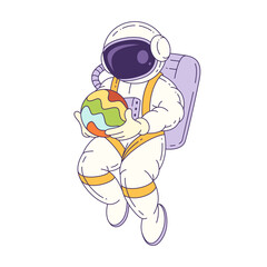 Colorful cartoon mascot astronaut character holding a vibrant planet, designed for educational content, children’s books, and space-themed graphics. Vector illustration.