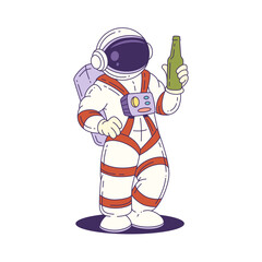Cartoon mascot astronaut stands confidently in a detailed space suit holding a green bottle, perfect for space-themed events, science fiction projects, or humorous designs. Vector illustration © provectors