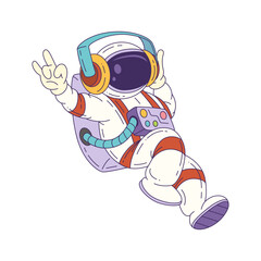 Mascot astronaut in a colorful suit floating in outer space with headphones, making a peace sign. Fun and engaging character design for educational or creative use. Vector illustration
