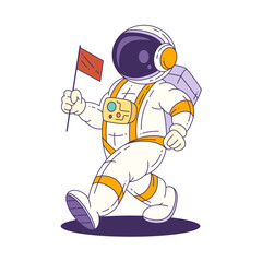 Cartoon mascot astronaut in a white suit with orange stripes stands with a flag, representing adventure and discovery in outer space. Vector illustration