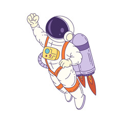 Friendly cartoon mascot astronaut flying in outer space wearing a white suit with helmet and jet pack. Perfect for space-themed events, merchandise, and educational projects. Vector illustration