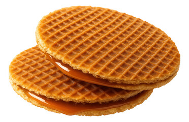 Two caramel-filled stroopwafels with a crisp waffle pattern, stacked with visible syrup oozing.