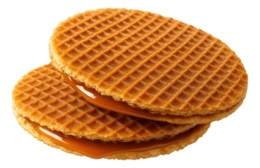 Two caramel-filled stroopwafels with a crisp waffle pattern, stacked with visible syrup oozing.