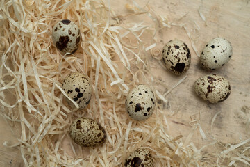 Still life from above quail eggs scattered on a wooden surface and straw