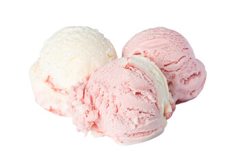 Three scoops of strawberry and vanilla ice cream melting on transparent background