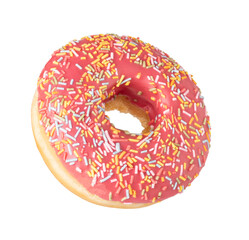 Delicious donut with pink icing and colorful sprinkles on transparent background