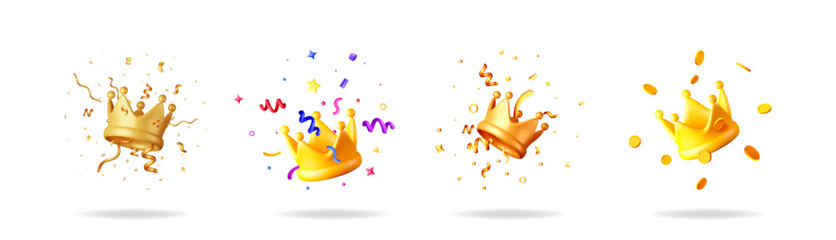 Set of golden crowns with party confetti. Winner award concept. Royal symbol for celebration and success. Luxury treasure element.