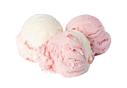 Three scoops of strawberry and vanilla ice cream melting on transparent background