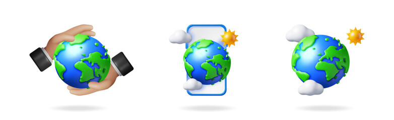 3d cartoon set of globe icons. Male hand holding earth and smartphone with planet. Global environment and weather for application.