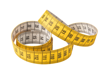 Yellow measuring tape coiled on transparent background