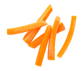 Fresh carrot sticks falling on transparent background