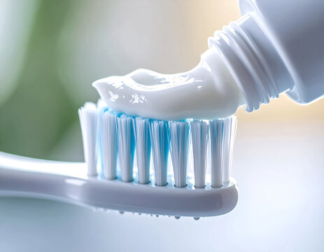 Toothpaste being squeezed from a white tube onto a toothbrush on a clean surface.