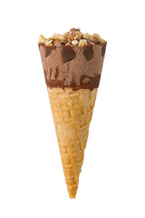 Chocolate ice cream cone topped with nuts and chocolate drizzle on transparent background