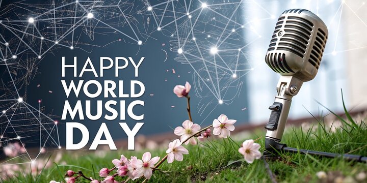 Happy world music day retro microphone and flowers