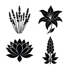 silhouette of 4 list flowers bundle on the white background