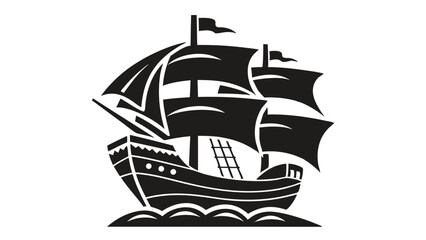 Monochrome vessel silhouette sails on wavy ocean waters, showcasing antique marine travel