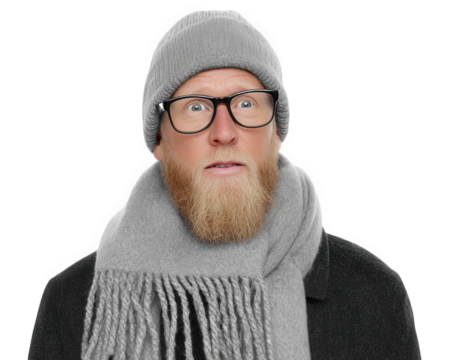 Man glasses gray scarf gray beanie beard winter clothing isolated transparency background surprised expression adult