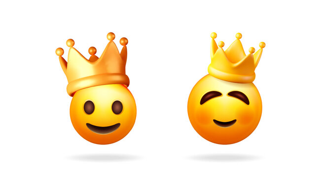 Naklejki Two cute king emoji with happy expressions wearing a golden crown. Cartoon character collection for social media and sticker.