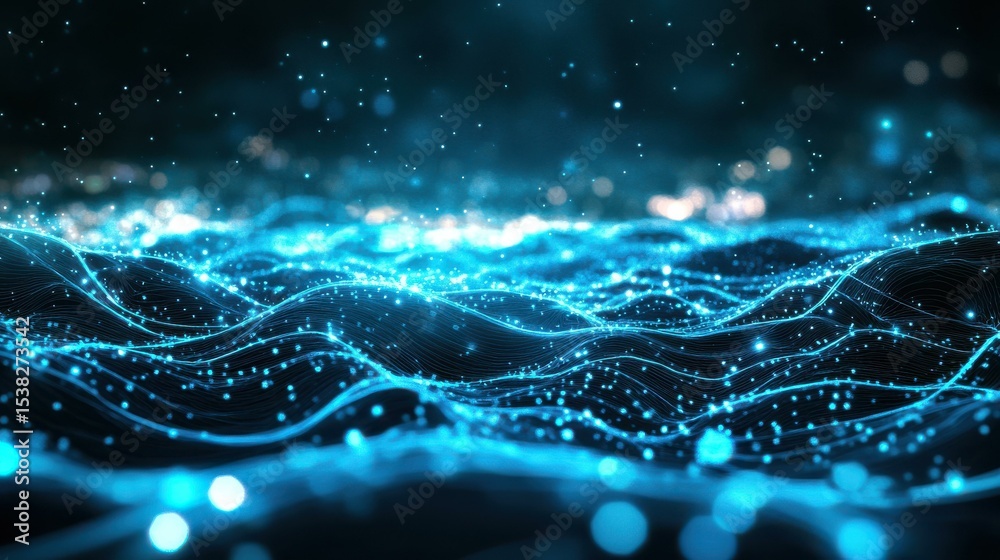 Aufkleber abstract wave-like pattern of glowing particles in digital night
