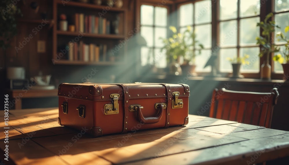Aufkleber rustic suitcase on table illuminated by sunbeams indoors