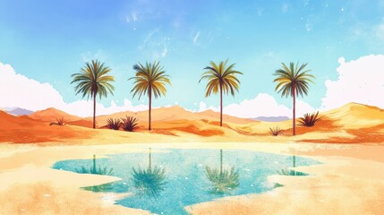 Obraz premium Palm trees reflecting in serene pool by sand dunes