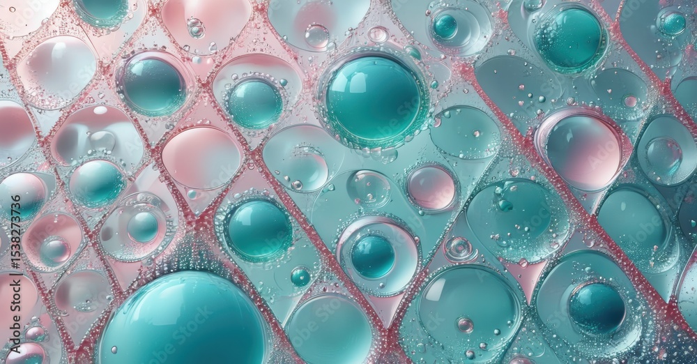 Aufkleber Abstract liquid bubbles, pink and teal hues, creating textured pattern. Visually interesting, macro photography style.