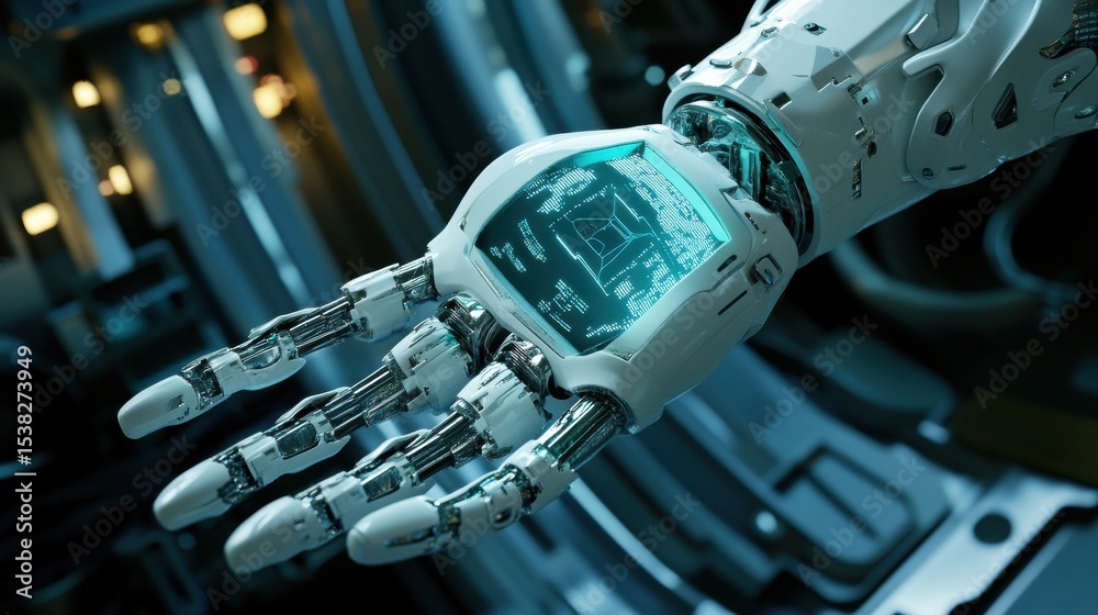 Aufkleber Robot hand displaying data in futuristic environment at night