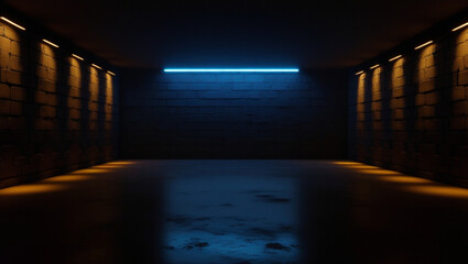 Dark Blue Glowing Neon Lights Warm Spotlights On Rough Grunge Stone Brick Walls Club Podium Stage Cyber Retro Cement Concrete Floor Basement Hangar 3D Rendering.
