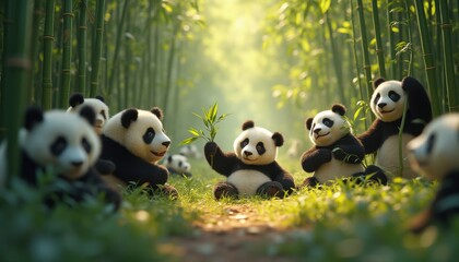 Fototapeta premium Seven giant pandas playing and eating in bamboo forest