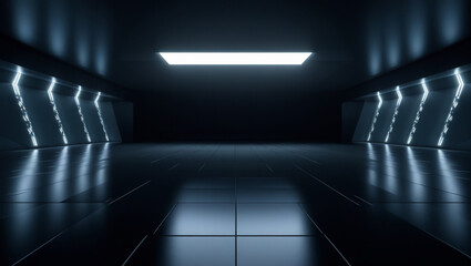 Futuristic Neon Laser Lines Glowing Blue VIbrant Synth Cement Concrete Underground Warehouse Garage Studio Empty Showcase Tunnel Corridor Background 3D Rendering.
