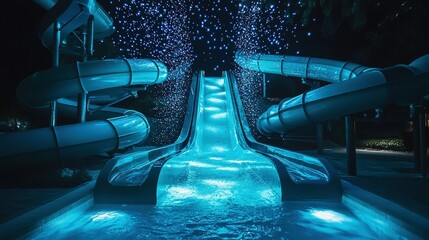 Water Slide Tube with Glowing Stars at Night, Cosmic Themed Adventure