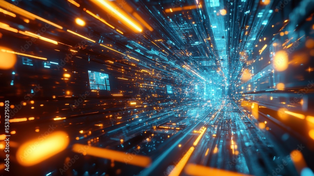 Aufkleber Abstract digital tunnel with glowing lines and data streams