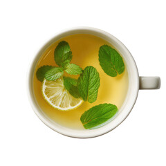 Top-Down View of a Cup of Herbal Tea with Floating Mint Transparent Background