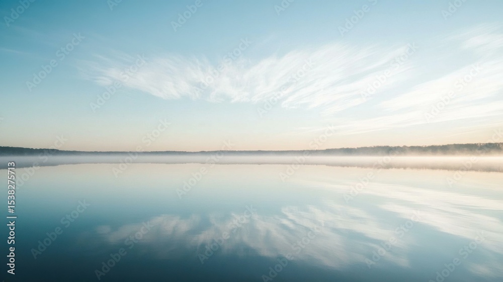 Poster tranquil morning lake with reflections of clouds and trees