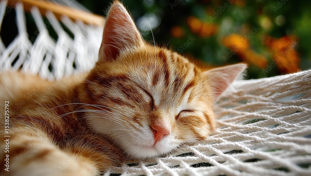 Poster Ginger Tabby Kitten Napping Peacefully in a Hammock, Evoking Relaxation and Simple Joys of Pet Ownership : Generative AI