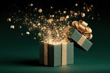 Open Gift Box With Golden Sparkles on Dark Green Background, Representing Celebration and Holiday Surprise, Ideal for Promotion and Special Occasion : Generative AI