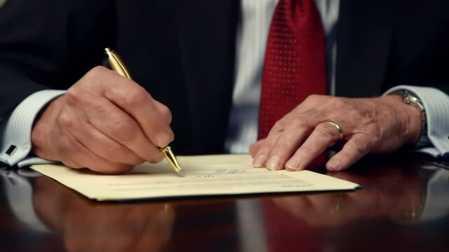 Elderly man in business suit signing official documents at executive desk, gold pen and presidential folder symbolizing authority, leadership and governance in the United States